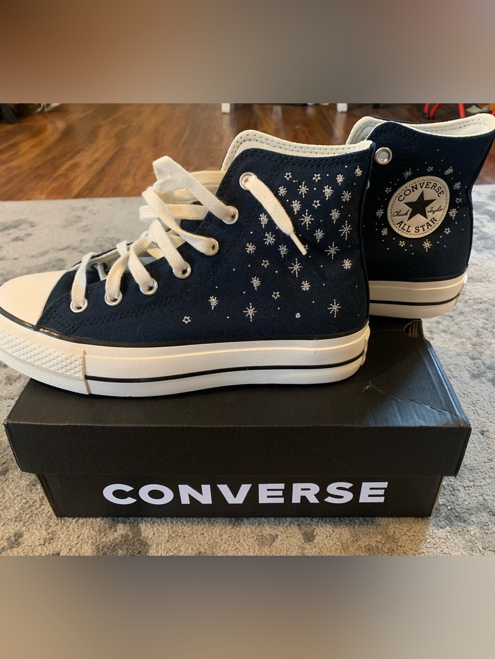 Converse Navy High Top Sneakers with White Star Embroidery